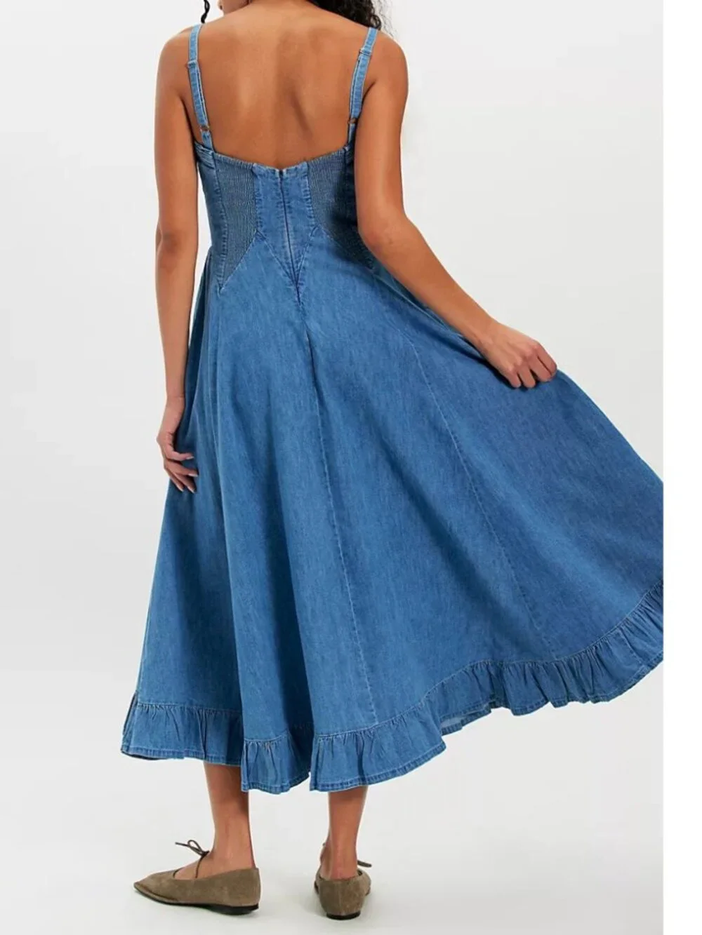 FP Movement Free People Another Season Denim Midi Dress Ruffle Fit & Flare S NWT